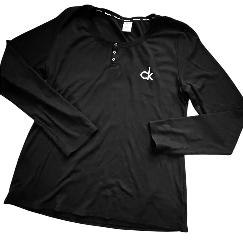 Calvin Klein Black Long Sleeve Henley ribbed Shirt with logo, sz Large